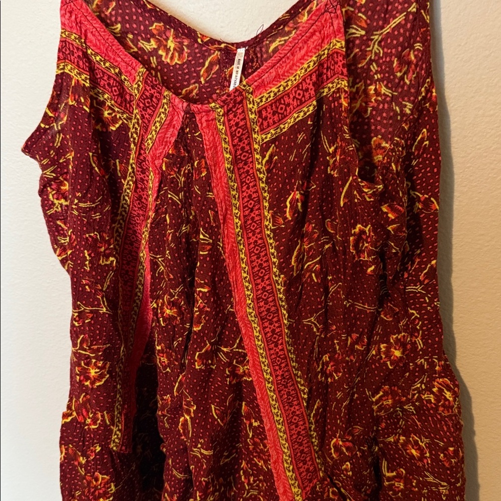 Free People Red Orange Floral Tank Spaghetti Strap Womens Med 100% Rayon Boho - Picture 3 of 11